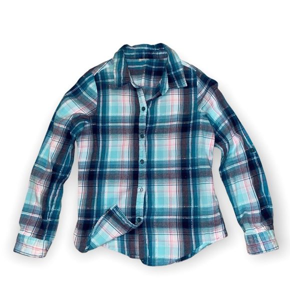 🌺 GEORGE Teal Plaid Roll Tab Sleeve Button Down Shirt - Picture 1 of 6